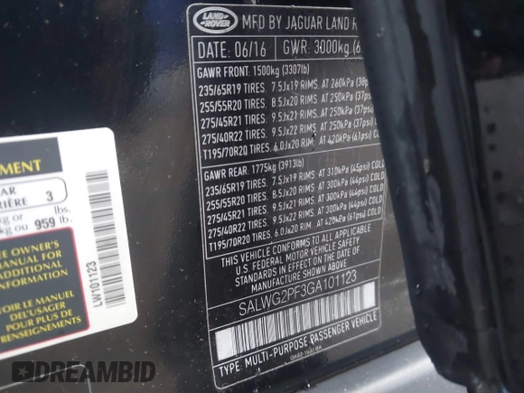 2016 Land Rover Range Rover Sport SE with VIN SALWG2PF3GA101123, listed as a IAAI auction lot 42247805 with 111,268 mi miles and . Bid and sale history available at DreamBid. Image 9.