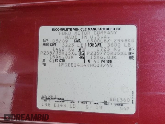 1989 Ford Econoline Cargo with VIN 1FDEE14H4KHC07245, listed as a Copart auction lot 51862145 with 911,092 mi miles and Salvage Title. Bid and sale history available at DreamBid. Image 13.