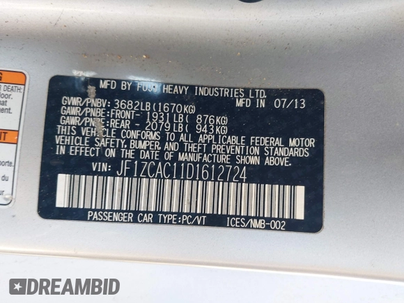 2013 Subaru BRZ Limited with VIN JF1ZCAC11D1612724, listed as a IAAI auction lot 42185237 with 98,785 mi miles and . Bid and sale history available at DreamBid. Image 9.