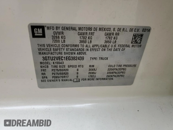 2014 GMC Sierra 1500 SLT with VIN 3GTU2VEC1EG382439, listed as a Copart auction lot 51769985 with 124,125 mi miles and Salvage Title. Bid and sale history available at DreamBid. Image 12.