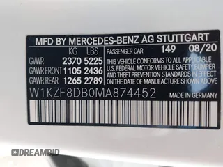 2021 Mercedes-Benz E 350 with VIN W1KZF8DB0MA874452, listed as a IAAI auction lot 42159201 with 53,594 mi miles and . Bid and sale history available at DreamBid. Image 9.