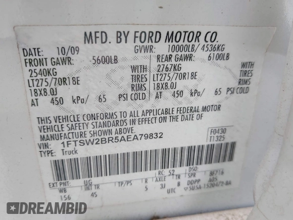 2010 Ford Super Duty F-250 SRW XL with VIN 1FTSW2BR5AEA79832, listed as a IAAI auction lot 41678829 with 175,470 mi miles. Bid and sale history available at carsss.com. Image 9.