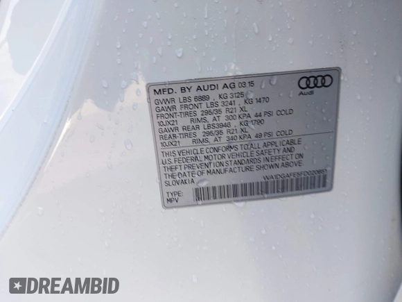 2015 Audi Q7 3.0T S line Prestige with VIN WA1DGAFE5FD020651, listed as a IAAI auction lot 41863003 with 167,938 mi miles. Bid and sale history available at carsss.com. Image 9.