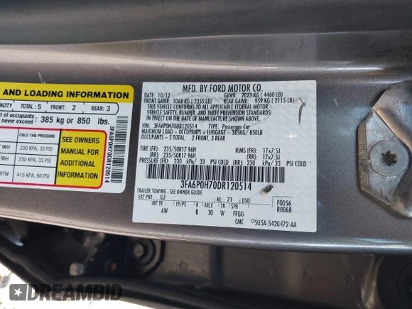 2013 Ford Fusion SE with VIN 3FA6P0H70DR120514, listed as a IAAI auction lot 40066832 with 138,252 mi miles. Bid and sale history available at carsss.com. Image 9.
