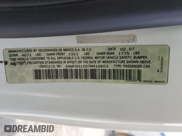 2007 Volkswagen Beetle with VIN 3VWFG31Y07M410653, listed as a Copart auction lot 44864215 with 163,204 mi miles and Clean Title. Bid and sale history available at DreamBid. Image 12.