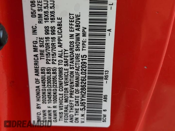 2006 Honda Element EX with VIN 5J6YH28626L020915, listed as a Copart auction lot 51180255 with 225,580 mi miles and Salvage Title. Bid and sale history available at DreamBid. Image 15.