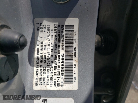 2010 Honda Insight LX with VIN JHMZE2H54AS038923, listed as a Copart auction lot 55747805 with 116,781 mi miles and Salvage title. Bid and sale history available at DreamBid. Image 12.