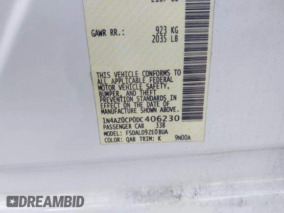 2013 Nissan LEAF SL with VIN 1N4AZ0CP0DC406230, listed as a IAAI auction lot 42181829 with 67,213 mi miles and . Bid and sale history available at DreamBid. Image 9.