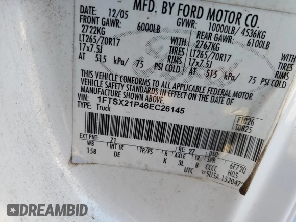 2006 Ford F-250 XL с VIN 1FTSX21P46EC26145, выставлен на аукционе Copart как лот 47270575 с пробегом Не указан миль и Чистый • Clean title. История ставок и продаж доступна на DreamBid. Изображение 12.