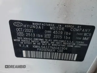 2022 Hyundai Sonata Hybrid Limited with VIN KMHL54JJ7NA042904, listed as a Copart auction lot 42278663 with 29,714 mi miles. Bid and sale history available at carsss.com. Image 12.