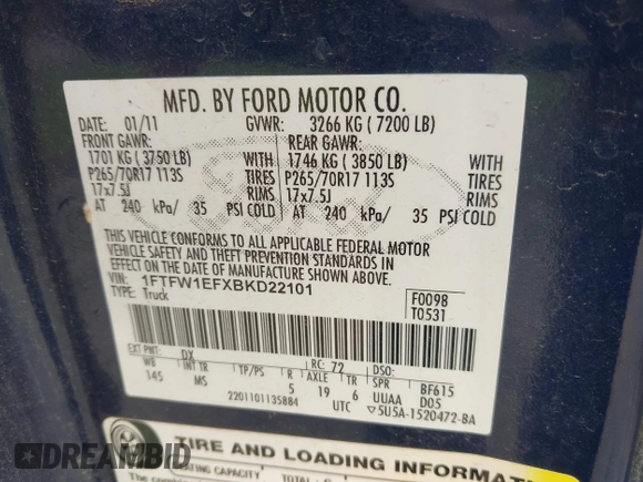 2011 Ford F-150 XL with VIN 1FTFW1EFXBKD22101, listed as a IAAI auction lot 42495355 with 195,883 mi miles and . Bid and sale history available at DreamBid. Image 9.