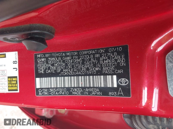 2010 Toyota Prius II with VIN JTDKN3DU4A0215973, listed as a IAAI auction lot 42005259 with 167,088 mi miles. Bid and sale history available at carsss.com. Image 9.