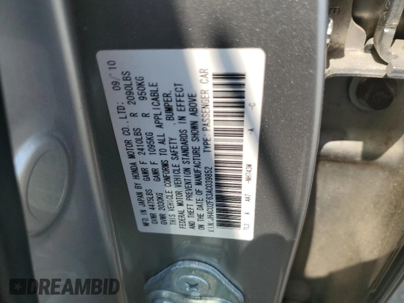 2010 Acura TSX z VIN JH4CU2F63AC039852, wystawiony jako Copart lot #59955975 z przebiegiem 174 878 mil mil oraz Szkoda całkowita • Salvage title. Historia ofert i sprzedaży dostępna na DreamBid. Obrazek 12.
