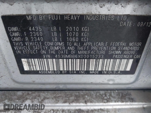 2013 Subaru Legacy Premium with VIN 4S3BMBB6XD3015233, listed as a IAAI auction lot 41864748 with 210,621 mi miles and . Bid and sale history available at carsss.com. Image 9.