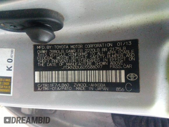 2013 Toyota Prius One with VIN JTDKN3DU6D5588097, listed as a IAAI auction lot 41151413 with 148,728 mi miles and . Bid and sale history available at DreamBid. Image 9.