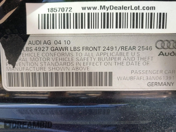 2010 Audi A4 2.0T Premium with VIN WAUBFAFL3AN061391, listed as a IAAI auction lot 41498094 with 116,268 mi miles. Bid and sale history available at carsss.com. Image 9.
