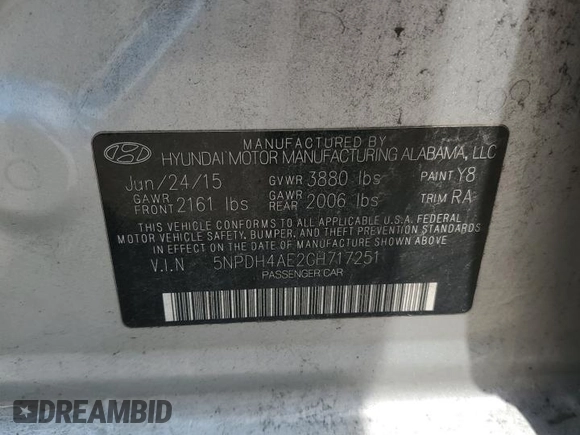 2016 Hyundai Elantra SE with VIN 5NPDH4AE2GH717251, listed as a Copart auction lot 56493135 with 87,975 mi miles and Salvage title. Bid and sale history available at DreamBid. Image 12.