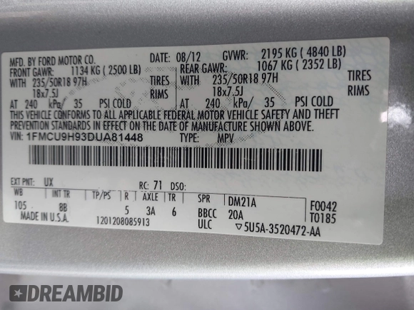 2013 Ford Escape SEL with VIN 1FMCU9H93DUA81448, listed as a IAAI auction lot 41790631 with 176,015 mi miles. Bid and sale history available at carsss.com. Image 9.