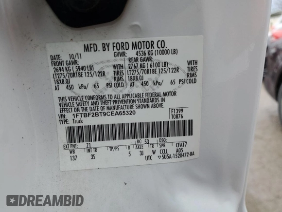 2012 Ford Super Duty F-250 SRW XL with VIN 1FTBF2BT9CEA65320, listed as a Copart auction lot 43140665 with 75,405 mi miles and Salvage Title. Bid and sale history available at carsss.com. Image 12.