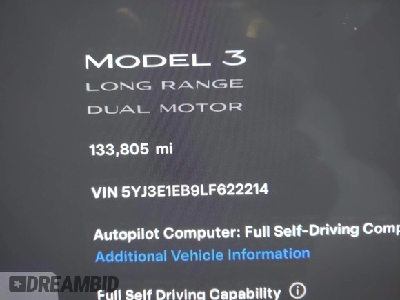 2020 Tesla Model 3 Long Range z VIN 5YJ3E1EB9LF622214, wystawiony jako IAAI lot #41351132 z przebiegiem 133 805 mil mil oraz . Historia ofert i sprzedaży dostępna na DreamBid. Obrazek 15.
