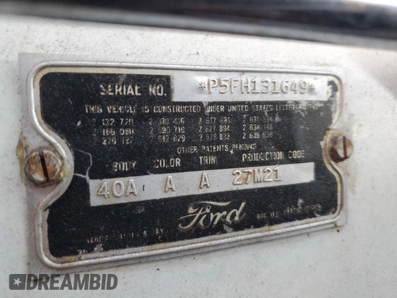 1955 Ford Thunderbird with VIN P5FH131649, listed as a Copart auction lot 78360154 with 35,746 mi miles and Salvage Title. Bid and sale history available at DreamBid. Image 12.