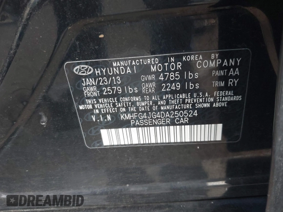 2013 Hyundai Azera with VIN KMHFG4JG4DA250524, listed as a IAAI auction lot 40871700 with Not Provided miles and . Bid and sale history available at DreamBid. Image 9.
