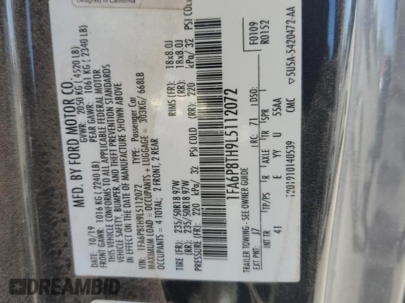2020 Ford Mustang EcoBoost with VIN 1FA6P8TH9L5112072, listed as a Copart auction lot 54182345 with 86,780 mi miles and Salvage title. Bid and sale history available at DreamBid. Image 12.