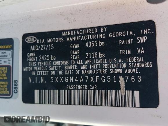 2015 Kia Optima EX with VIN 5XXGN4A7XFG512763, listed as a Copart auction lot 51869605 with 132,666 mi miles and Clean Title. Bid and sale history available at carsss.com. Image 12.