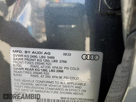 2024 Audi Q5 S line Premium Plus with VIN WA1EAAFY3R2004982, listed as a Copart auction lot 53565025 with 15,567 mi miles and Salvage Title. Bid and sale history available at carsss.com. Image 14.