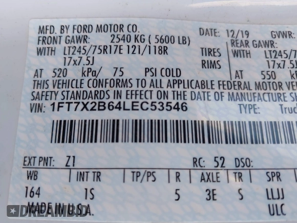 2020 Ford F-250 XL with VIN 1FT7X2B64LEC53546, listed as a IAAI auction lot 41414834 with 175,403 mi miles and . Bid and sale history available at DreamBid. Image 9.