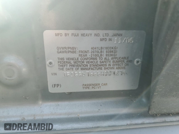 2006 Subaru Impreza i z VIN JF1GG67666H807274, wystawiony jako Copart lot #58957065 z przebiegiem 132 630 mil mil oraz Szkoda całkowita • Salvage title. Historia ofert i sprzedaży dostępna na DreamBid. Obrazek 12.