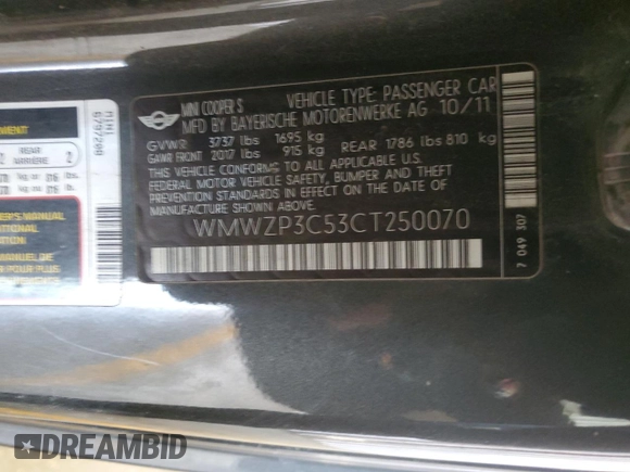 2012 MINI Convertible S with VIN WMWZP3C53CT250070, listed as a Copart auction lot 46649525 with 80,392 mi miles and Salvage Title. Bid and sale history available at DreamBid. Image 14.
