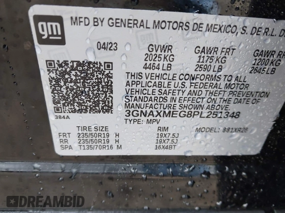 2023 Chevrolet Equinox RS with VIN 3GNAXMEG8PL251348, listed as a IAAI auction lot 41639260 with 20,794 mi miles. Bid and sale history available at carsss.com. Image 9.
