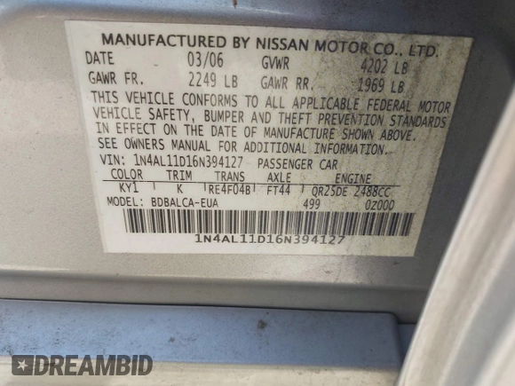 2006 Nissan Altima 2.5 with VIN 1N4AL11D16N394127, listed as a IAAI auction lot 42058345 with 205,454 mi miles. Bid and sale history available at carsss.com. Image 9.