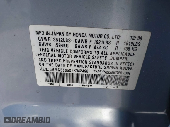 2009 Honda Fit Sport w/Navi with VIN JHMGE886X9S042490, listed as a IAAI auction lot 41931712 with 111,088 mi miles. Bid and sale history available at carsss.com. Image 9.