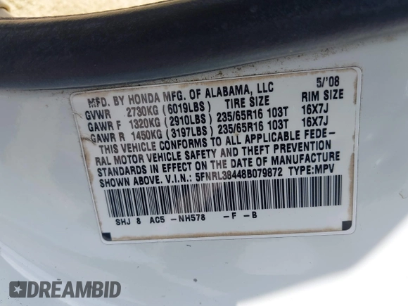 2008 Honda Odyssey EX с VIN 5FNRL38448B079872, выставлен на аукционе IAAI как лот 42331316 с пробегом 176 009 миль миль и . История ставок и продаж доступна на DreamBid. Изображение 9.