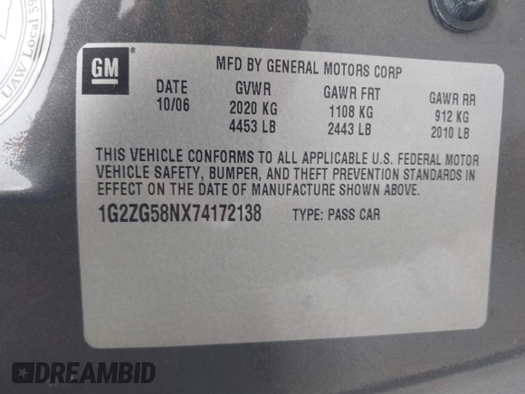 2007 Pontiac G6 with VIN 1G2ZG58NX74172138, listed as a IAAI auction lot 41845520 with 170,676 mi miles. Bid and sale history available at carsss.com. Image 9.