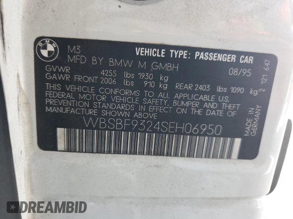 1995 BMW 3 Series M3 z VIN WBSBF9324SEH06950, wystawiony jako Copart lot #60659885 z przebiegiem 121 812 mil mil oraz Szkoda całkowita • Salvage title. Historia ofert i sprzedaży dostępna na DreamBid. Obrazek 12.