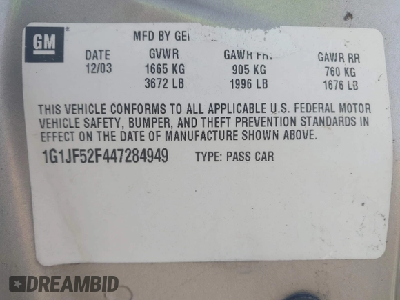 2004 Chevrolet Cavalier LS z VIN 1G1JF52F447284949, wystawiony jako IAAI lot #41753830 z przebiegiem 202 998 mil mil oraz . Historia ofert i sprzedaży dostępna na DreamBid. Obrazek 9.