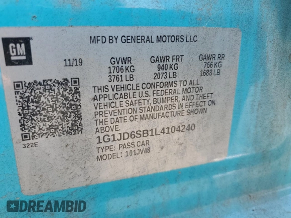 2020 Chevrolet Sonic LT with VIN 1G1JD6SB1L4104240, listed as a Copart auction lot 59625415 with 79,079 mi miles and Salvage title. Bid and sale history available at DreamBid. Image 12.
