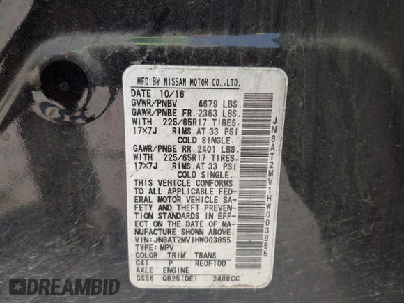 2017 Nissan Rogue S with VIN JN8AT2MV1HW003855, listed as a IAAI auction lot 42431901 with 98,400 mi miles and . Bid and sale history available at DreamBid. Image 9.