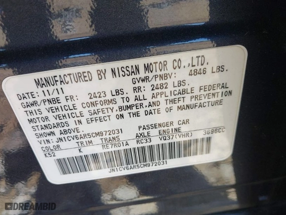 2012 Infiniti G37 Sedan x with VIN JN1CV6AR5CM972031, listed as a IAAI auction lot 41666081 with 144,008 mi miles. Bid and sale history available at carsss.com. Image 9.