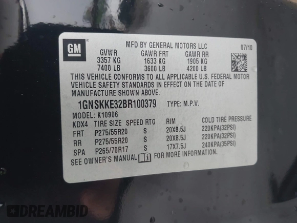 2011 Chevrolet Suburban LTZ with VIN 1GNSKKE32BR100379, listed as a IAAI auction lot 42115686 with 174,830 mi miles and . Bid and sale history available at DreamBid. Image 9.