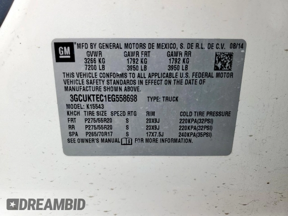 2014 Chevrolet Silverado 1500 High Country with VIN 3GCUKTEC1EG558698, listed as a Copart auction lot 56175675 with 198,051 mi miles and Clean Title. Bid and sale history available at DreamBid. Image 12.