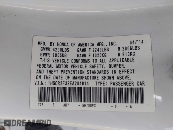 2014 Honda Accord LX with VIN 1HGCR2F39EA204914, listed as a IAAI auction lot 42187315 with 110,947 mi miles and . Bid and sale history available at DreamBid. Image 9.