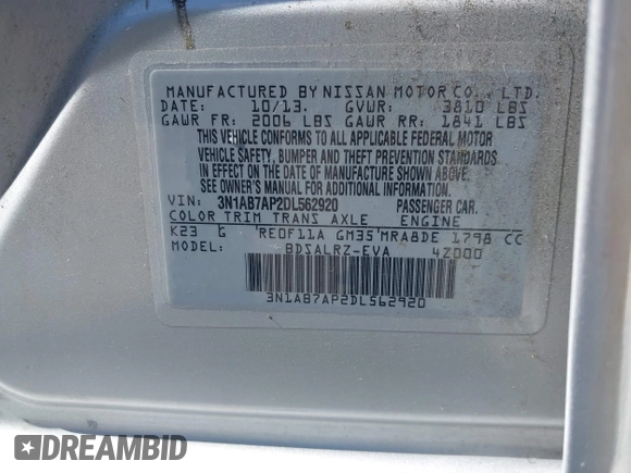 2013 Nissan Sentra FE+ S with VIN 3N1AB7AP2DL562920, listed as a IAAI auction lot 41878659 with 203,141 mi miles and . Bid and sale history available at DreamBid. Image 9.
