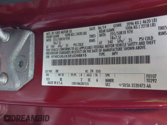 2014 Ford Escape Titanium with VIN 1FMCU0JX3EUD98815, listed as a IAAI auction lot 42078367 with 124,680 mi miles. Bid and sale history available at carsss.com. Image 9.