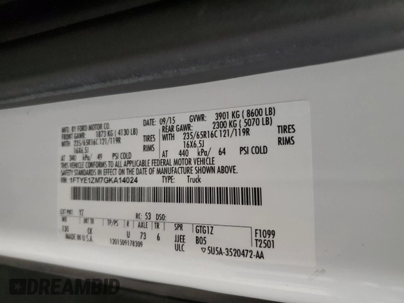 2016 Ford Transit Cargo с VIN 1FTYE1ZM7GKA14024, выставлен на аукционе Copart как лот 88506385 с пробегом 156 505 миль миль и Списание • Salvage title. История ставок и продаж доступна на DreamBid. Изображение 14.