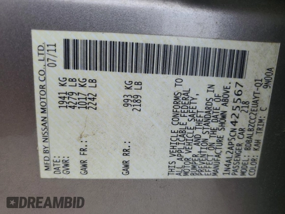 2012 Nissan Altima S with VIN 1N4AL2AP5CN425567, listed as a Copart auction lot 50689355 with 32,831 mi miles and Salvage Title. Bid and sale history available at DreamBid. Image 12.