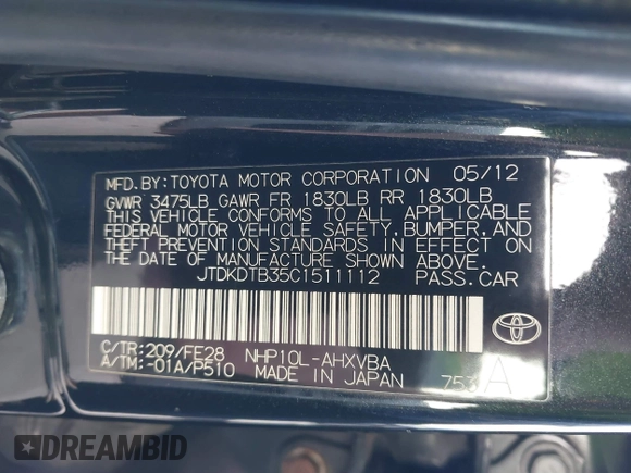 2012 Toyota Prius One with VIN JTDKDTB35C1511112, listed as a IAAI auction lot 41074047 with 156,510 mi miles and . Bid and sale history available at DreamBid. Image 9.